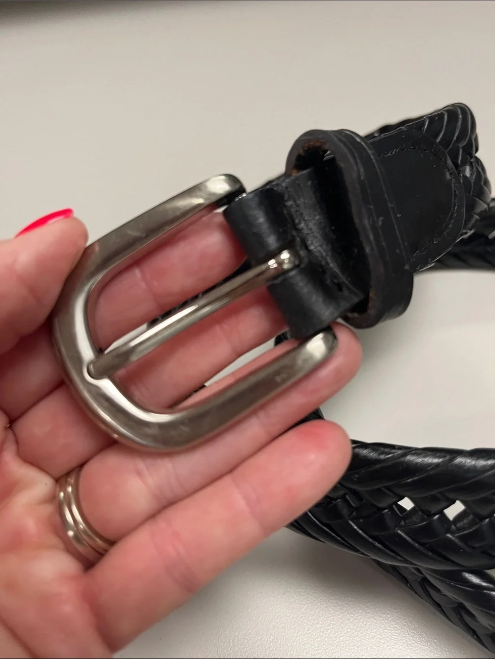 Source Unknown Black Braided Leather Belt with Silver Buckle